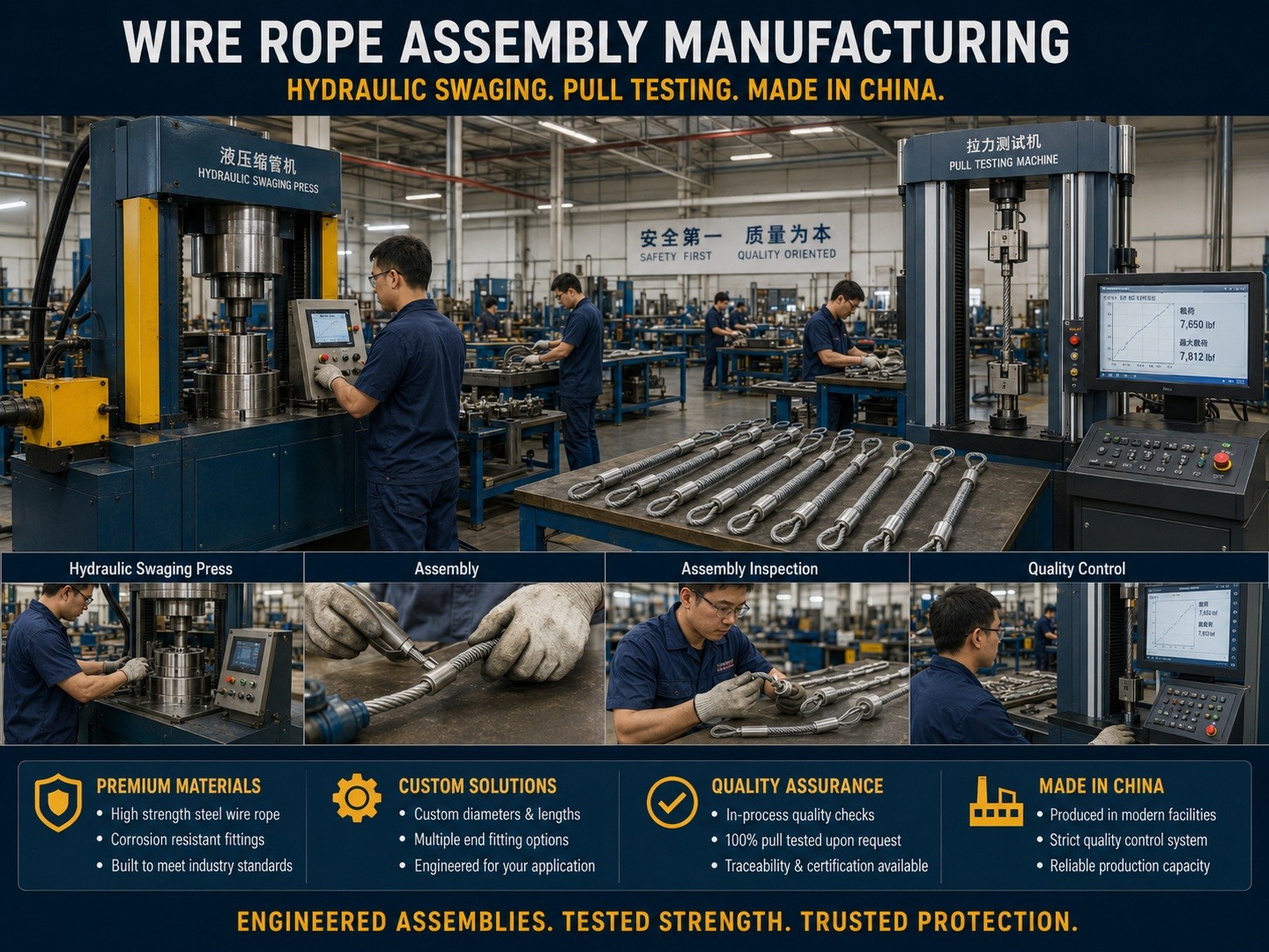 Wire rope assembly factory with hydraulic swaging press and pull testing machine Wire rope assembly factory with hydraulic swaging press and pull testing machine